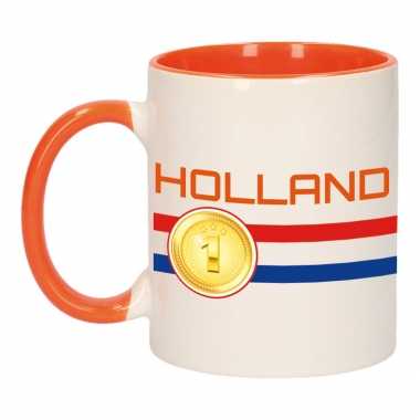 Holland vlag medaille mok/ beker oranje wit 300 ml