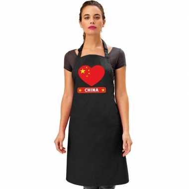 I love china keukenschort/ barbecueschort zwart volwassenen