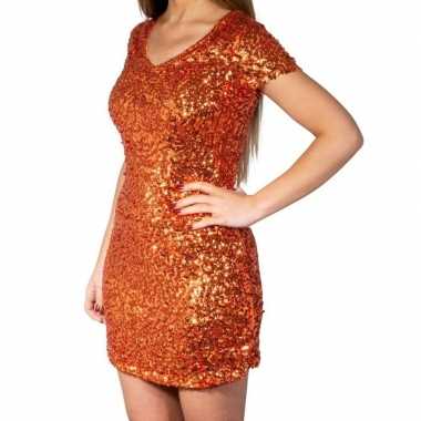 Oranje glitter pailletten disco jurkje dames