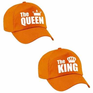 The king / the queen petten oranje witte kroon volwassenen