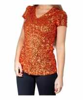 Oranje glitter pailletten disco shirt dames
