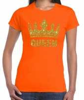 Oranje koningsdag queen shirt gouden glitters kroon dames