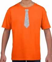 Stropdas zilver glitter t-shirt oranje kinderen